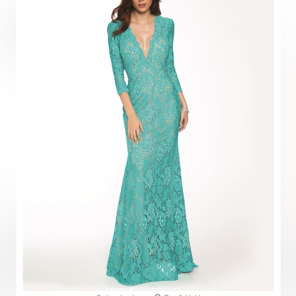Jovani 20025 Long Formal Turquoise Rhinestone Elbow Length Sleeve Lace Dress 2